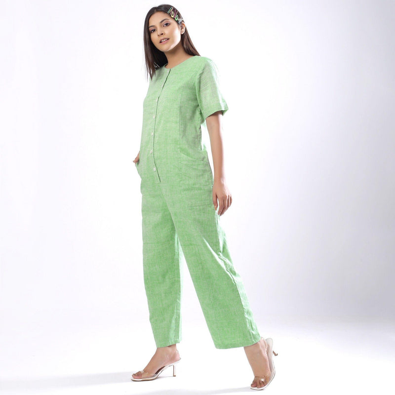 Left View of a Model wearing Handspun Mint Green Paneled Button-Down Jumpsuit