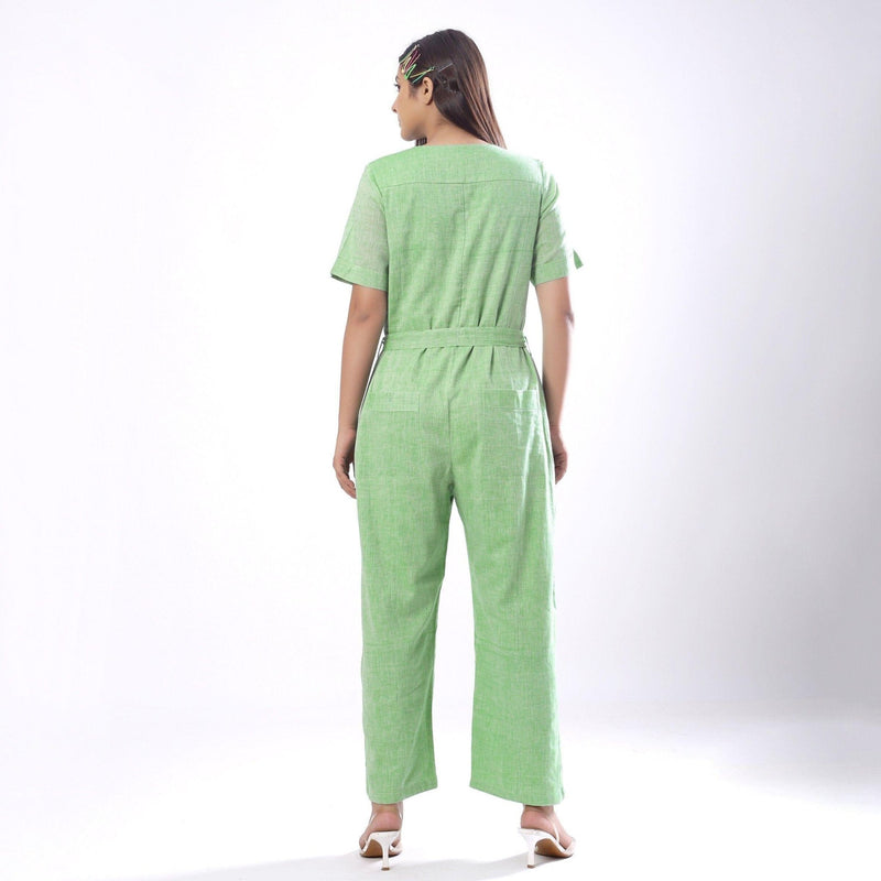 Back View of a Model wearing Handspun Mint Green Paneled Button-Down Jumpsuit