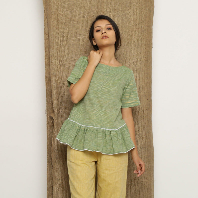 Mint Green Handspun Cotton Boat Neck Peplum Top