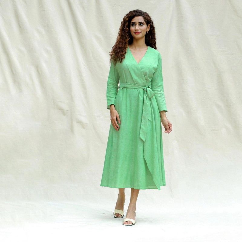 Front View of a Model wearing Mint Green Handspun Cotton Drop Shoulder Sleeves Midi Wrap Dress