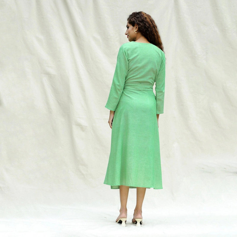 Back View of a Model wearing Mint Green Handspun Cotton Drop Shoulder Sleeves Midi Wrap Dress