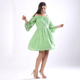 Front View of a Model wearing Handspun Mint Green Off-Shoulder Dress