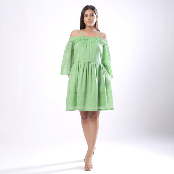 Front View of a Model wearing Handspun Mint Green Off-Shoulder Dress