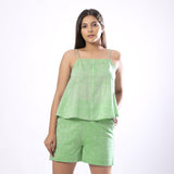 Front View of a Model wearing Handspun Mint Green Flared Camisole Top