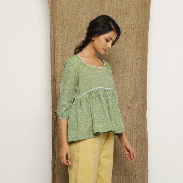 Mint Green Handspun Lace Cotton Square Neck Yoke Top