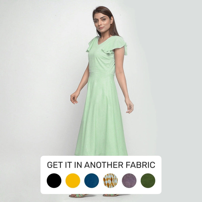 Left View of a Model wearing Mint Green Cotton Fit and Flare Dress