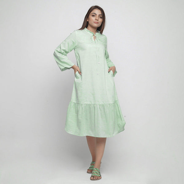 Front View of a Model wearing Mint Green Cotton Chambray Midi Dress