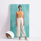 Front View of a Model wearing Mirror Work Cotton Muslin Elasticated High-Rise Suspender Pant