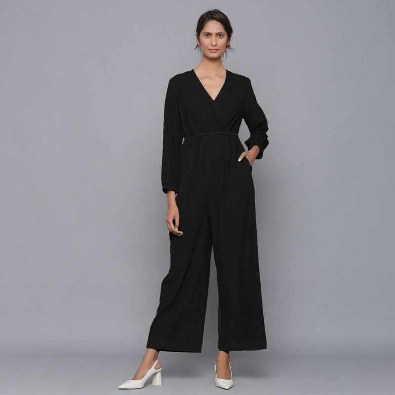 Moonlight Black Warm Cotton Corduroy Gathered Jumpsuit