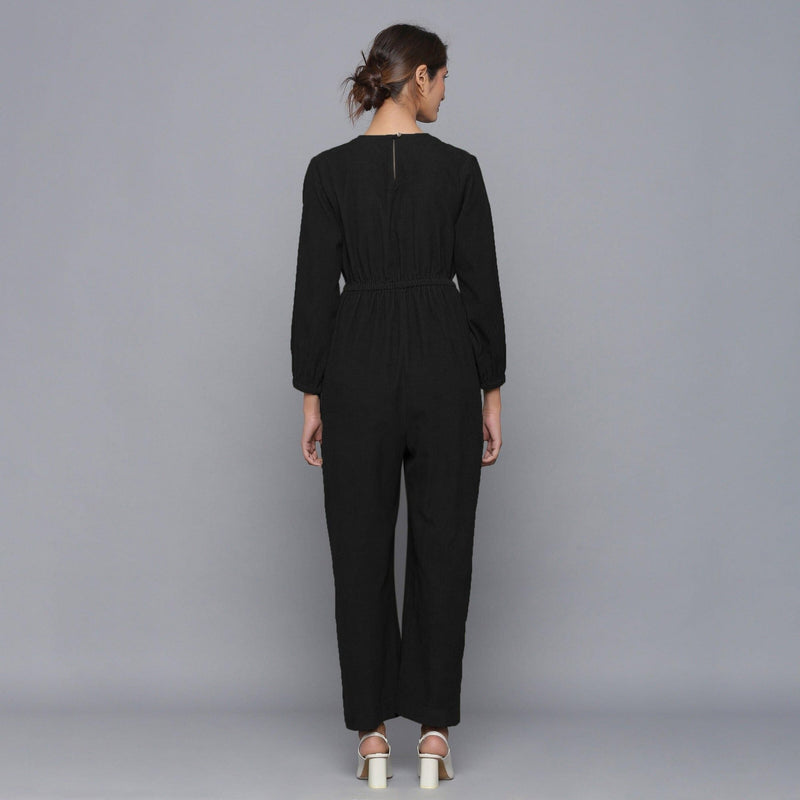 Moonlight Black Warm Cotton Corduroy Gathered Jumpsuit