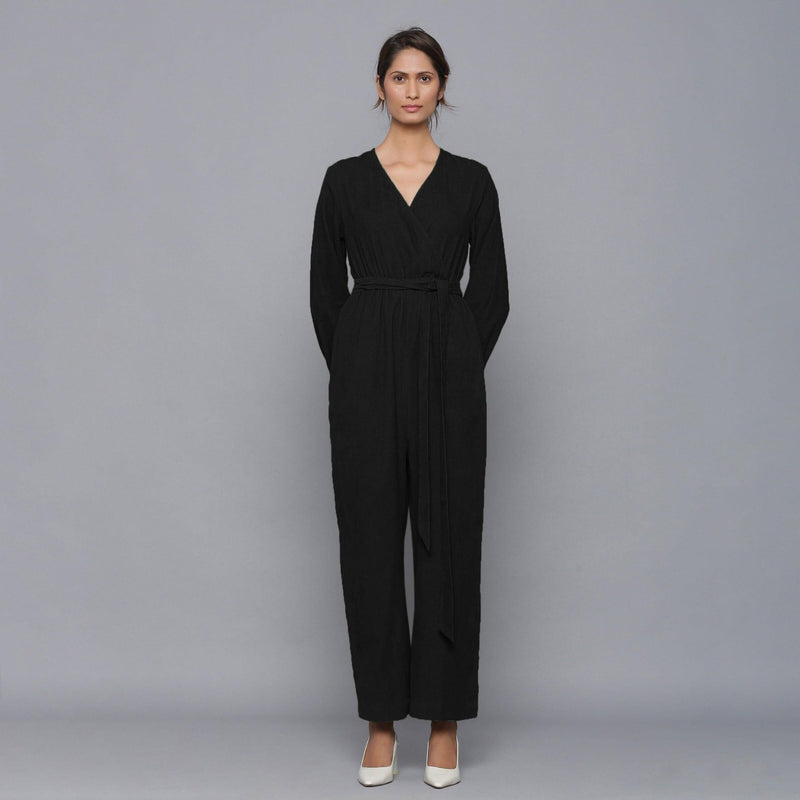 Moonlight Black Warm Cotton Corduroy Gathered Jumpsuit