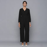 Moonlight Black Warm Cotton Corduroy Gathered Jumpsuit