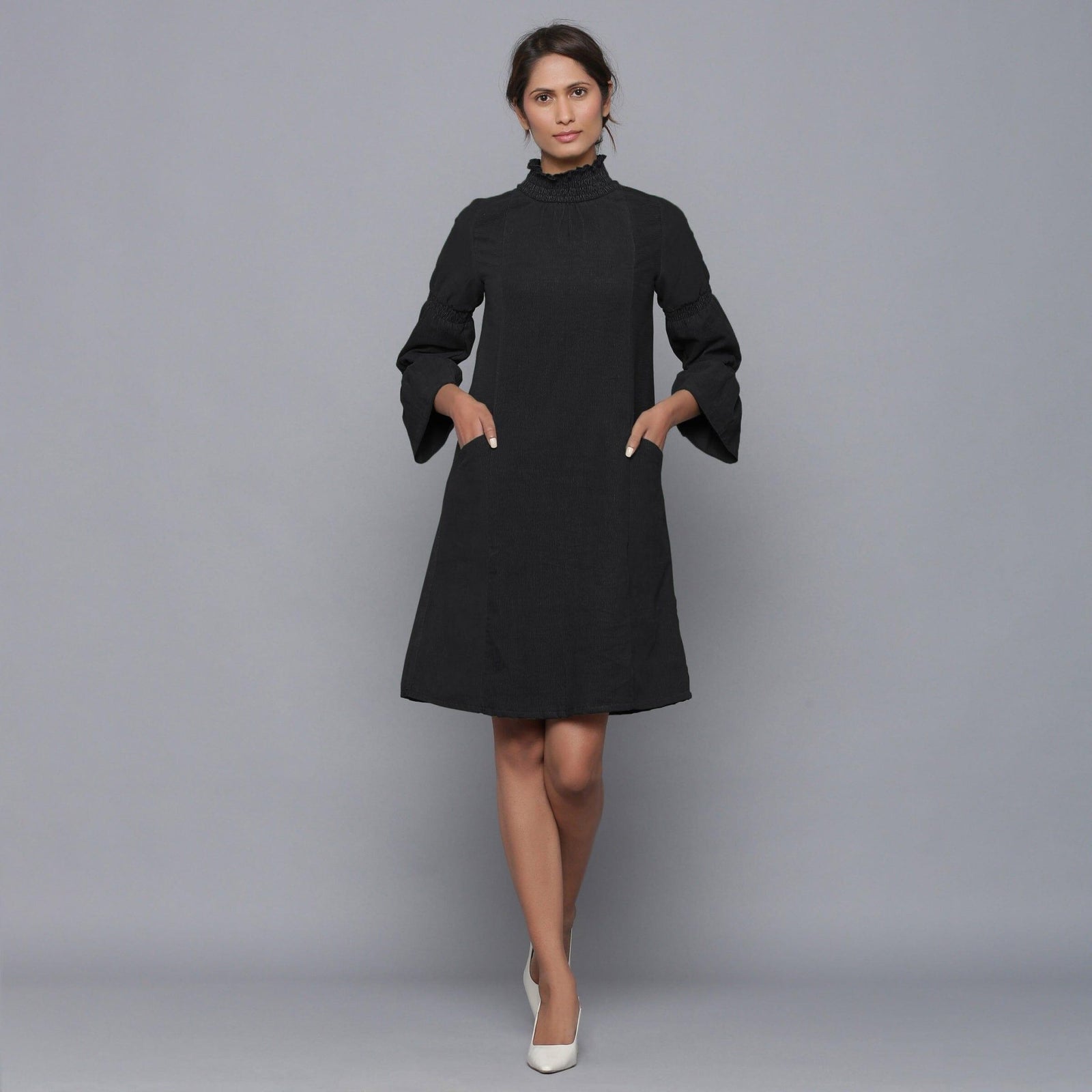 black high neck dress short Moonlight Warm Cotton Corduroy FABRIC_CONTENTS:100% Cotton The halter neckline with Black Dresses & Jumpsuits Accessory size:2XL