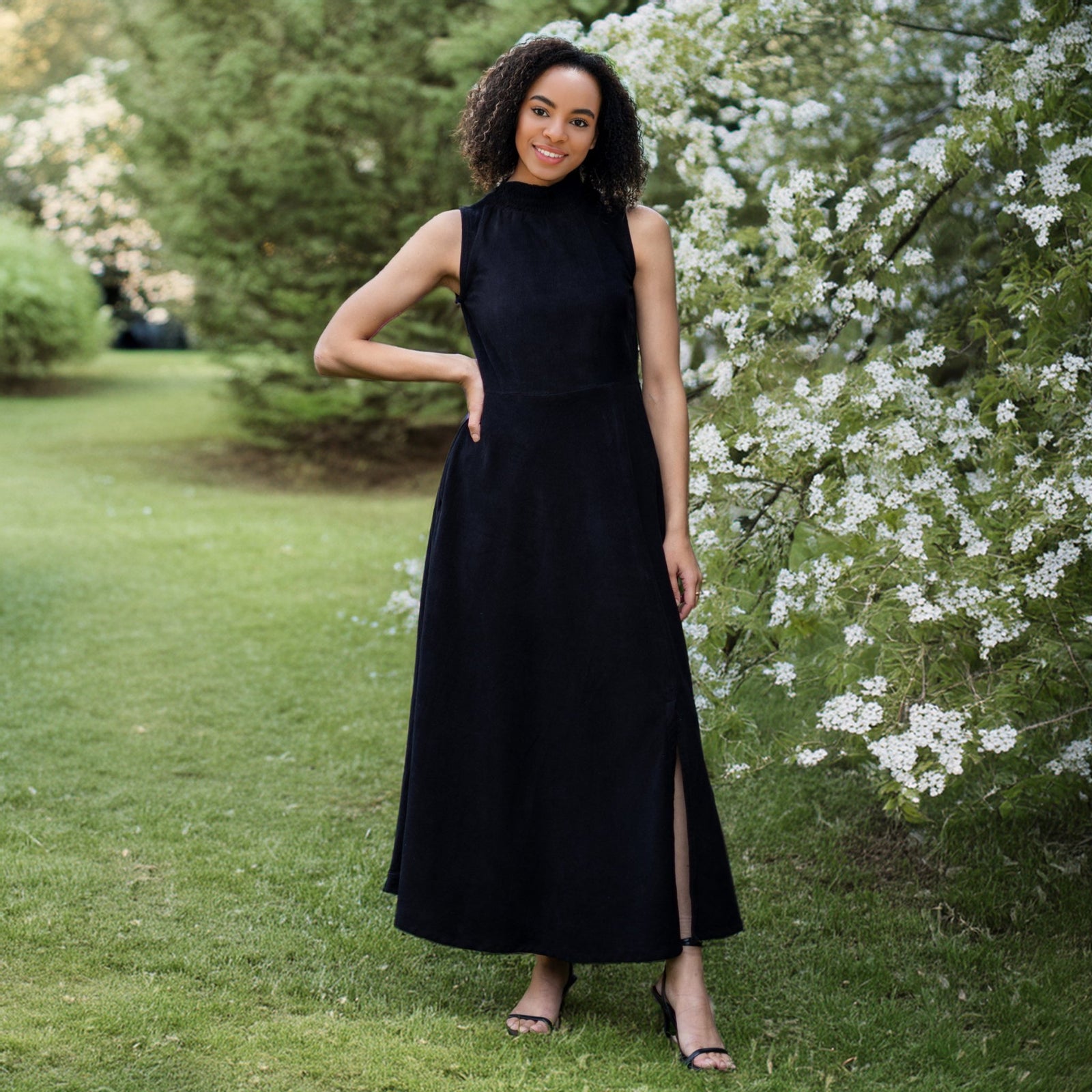 Moonlight Black Warm Cotton Corduroy High-Neck Sleeveless Slit Dress 52