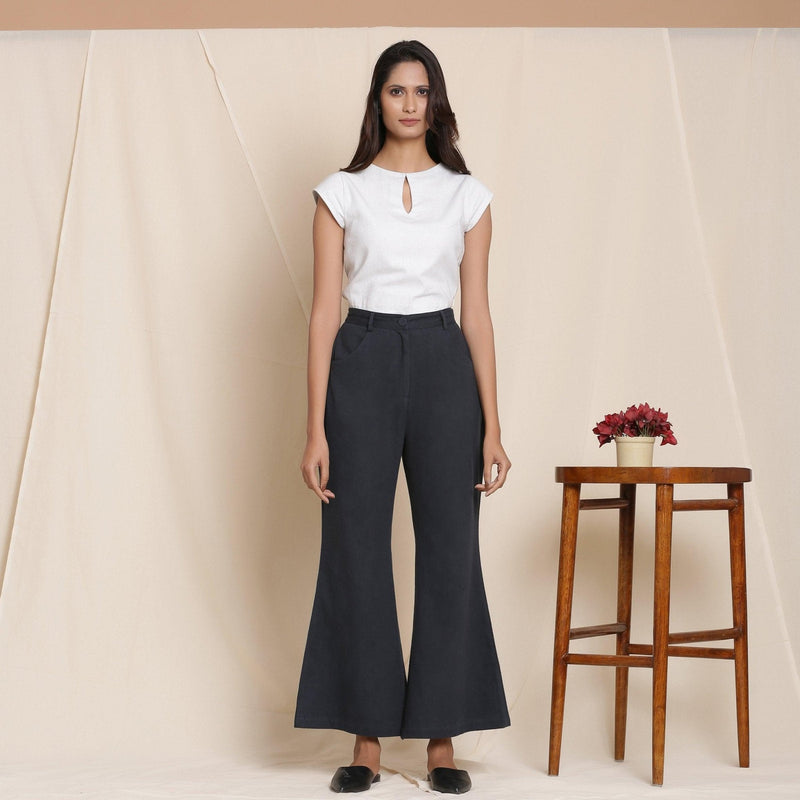 Front View of a Model wearing Moonlight Black Warm Cotton Flannel Bootcut Pant