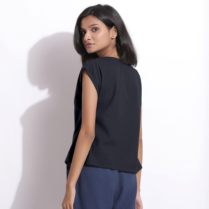 Back View of a Model wearing Warm Cotton Flannel Moonlight Black Essential Top