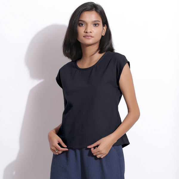 Front View of a Model wearing Warm Cotton Flannel Moonlight Black Essential Top