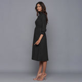 Moonlight Black Warm Cotton Flannel High Neck Midi Dress