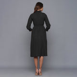 Moonlight Black Warm Cotton Flannel High Neck Midi Dress