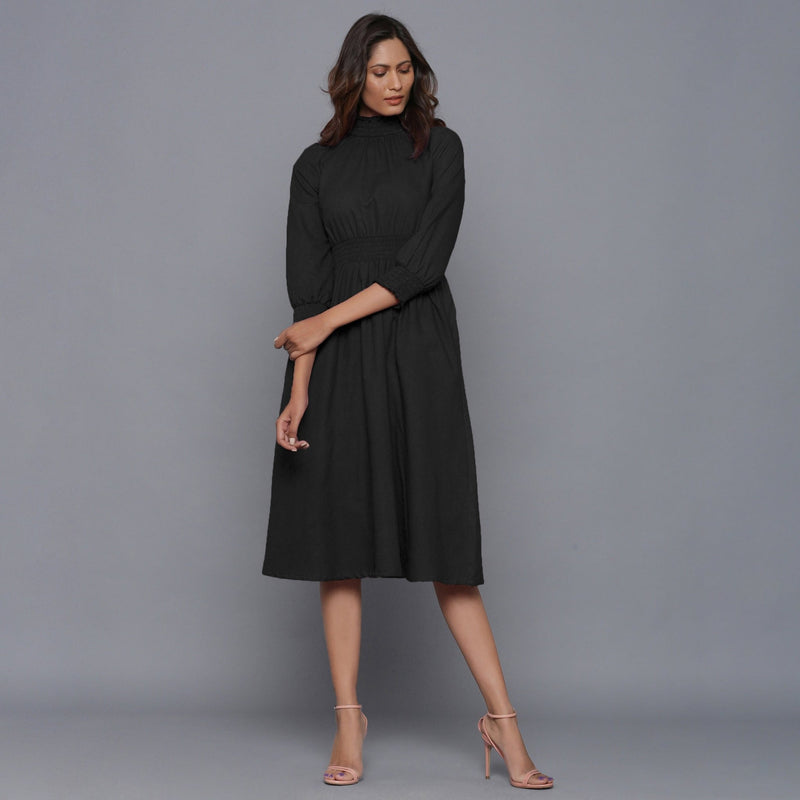 Moonlight Black Warm Cotton Flannel High Neck Midi Dress