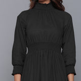 Moonlight Black Warm Cotton Flannel High Neck Midi Dress