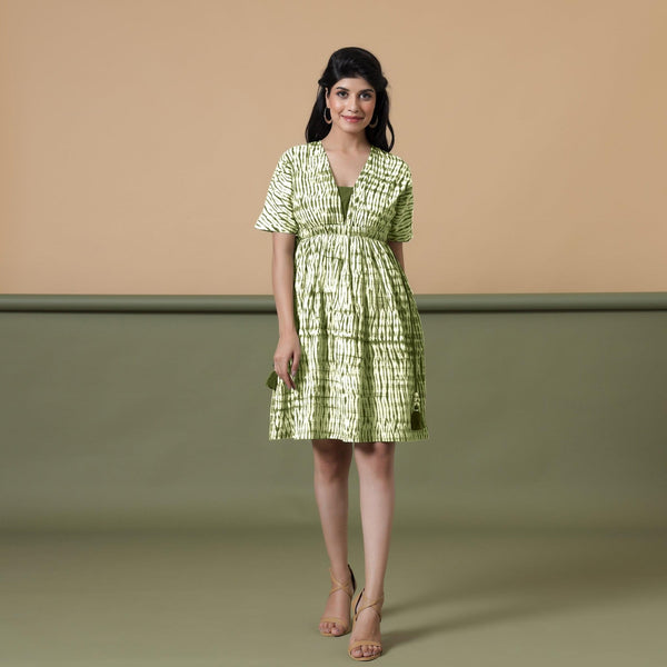 Front View of a Model wearing Olive Green Shibori Drop Shoulder Dress