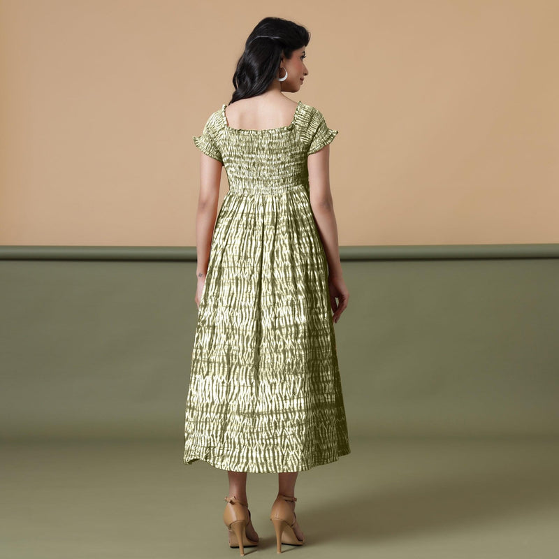 Back View of a Model wearing Olive Green Shibori Elasticated Gathered Dress