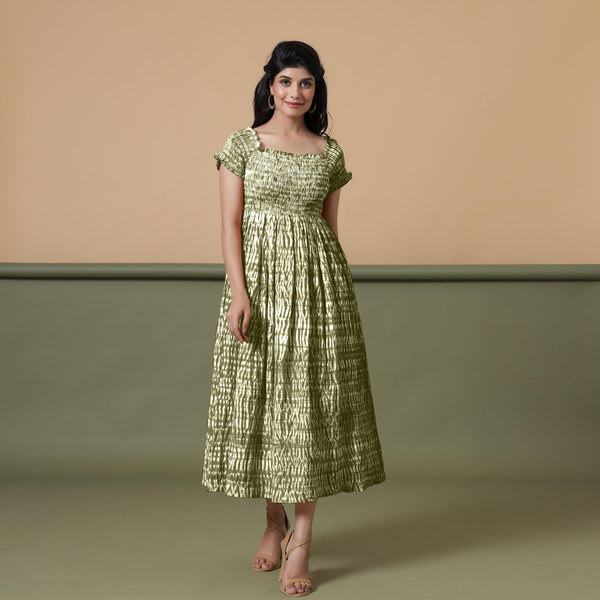 Front View of a Model wearing Olive Green Shibori Elasticated Gathered Dress