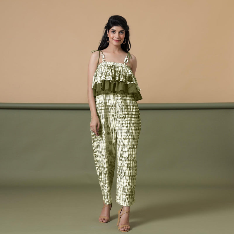 Front View of a Model wearing Olive Green Shibori Frilled Camisole Jumpsuit