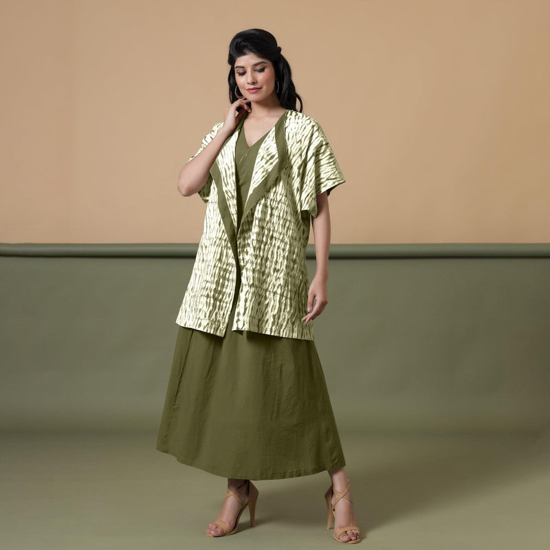 Front View of a Model wearing Olive Green Shibori Front Open Overlay