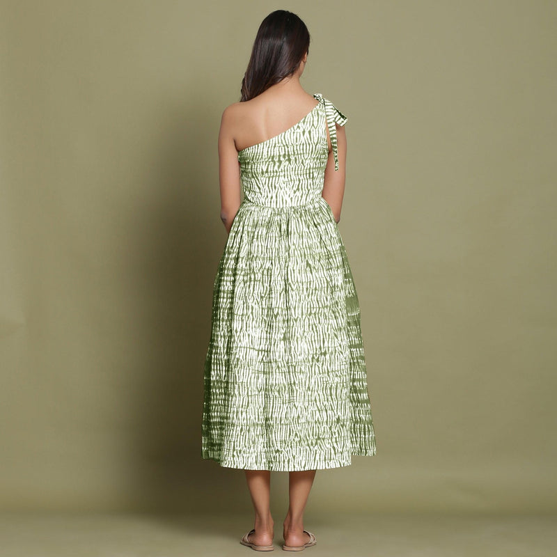 Back View of a Model wearing Olive Green Shibori One-Shoulder Midi Dress