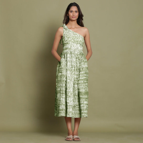 Front View of a Model wearing Olive Green Shibori One-Shoulder Midi Dress