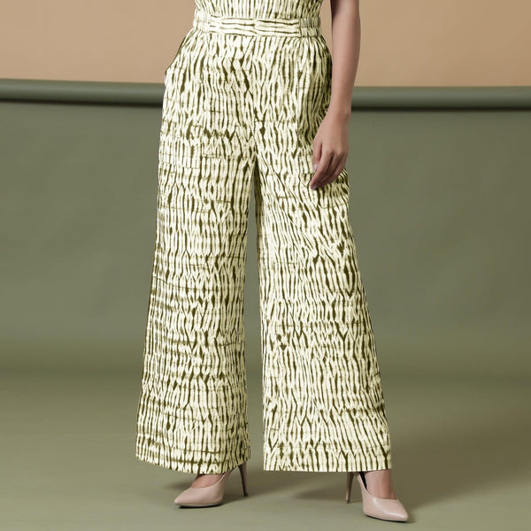 Front View of a Model wearing Olive Green Shibori Wide Legged Pant