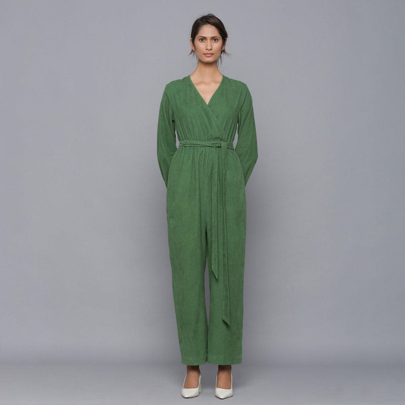 Front View of a Model wearing Moss Green Corduroy Comfy Jumpsuit