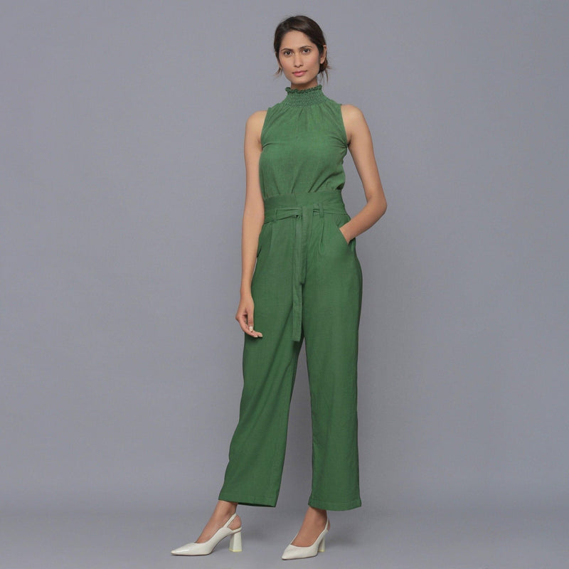 Front View of a Model wearing Moss Green Cotton Corduroy Pant