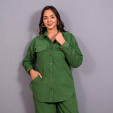 Front View of a Model wearing Moss Green Warm Cotton Corduroy Button-Down Shacket