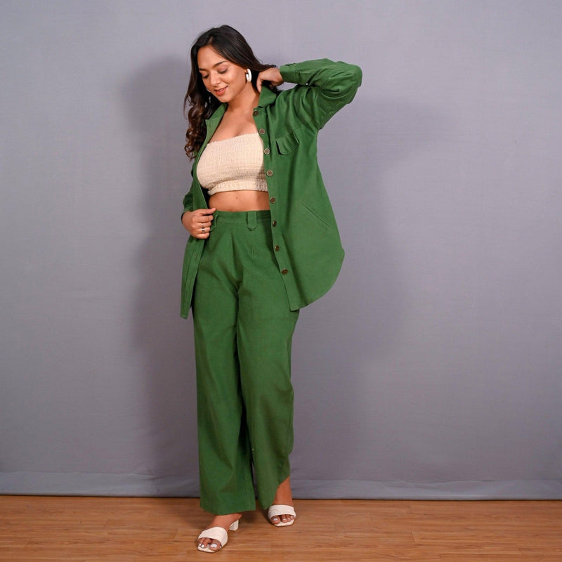 Front View of a Model wearing Moss Green Warm Cotton Corduroy Button-Down Shacket