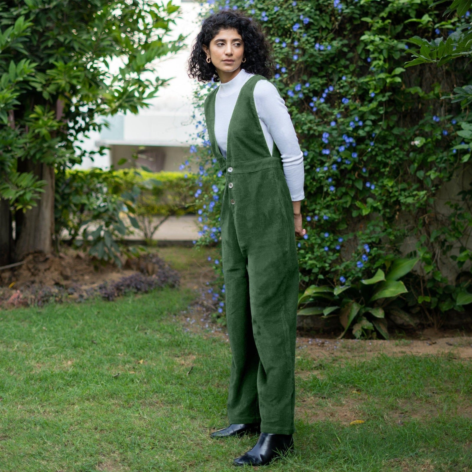 Buy Moss Green Warm Cotton Corduroy Deep Neck Pinafore Jumpsuit
