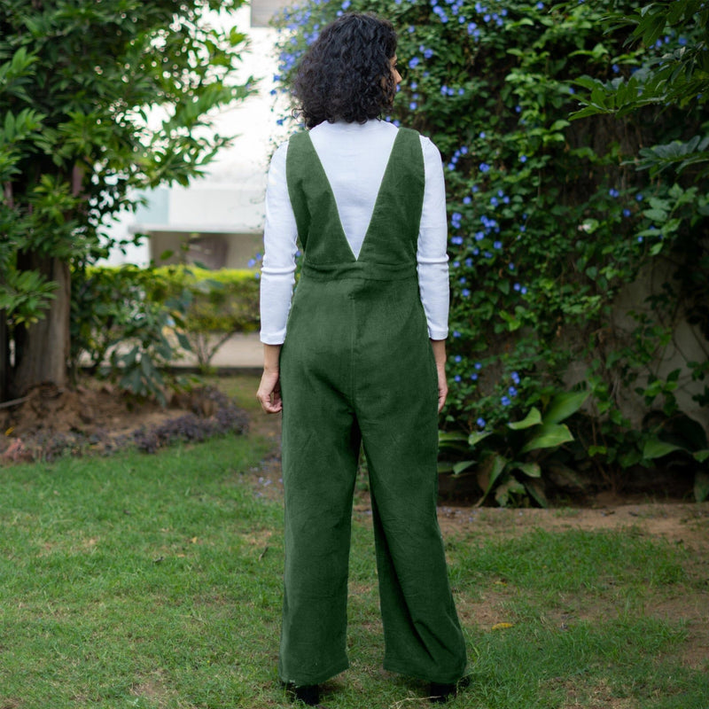 Moss Green Warm Cotton Corduroy Deep Neck Pinafore Jumpsuit