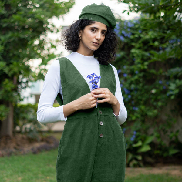 Moss Green Warm Cotton Corduroy Deep Neck Pinafore Jumpsuit