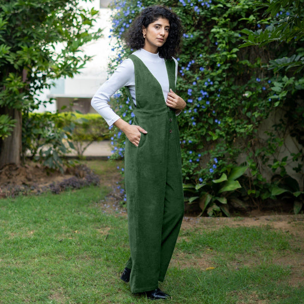 Moss Green Warm Cotton Corduroy Deep Neck Pinafore Jumpsuit