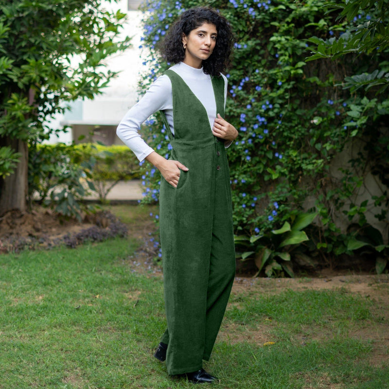 Moss Green Warm Cotton Corduroy Deep Neck Pinafore Jumpsuit