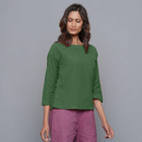 Front View of a Model wearing Moss Green Corduroy Drop Shoulder Top