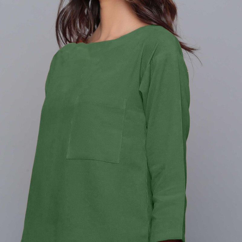 Front Detail of a Model wearing Moss Green Corduroy Drop Shoulder Top