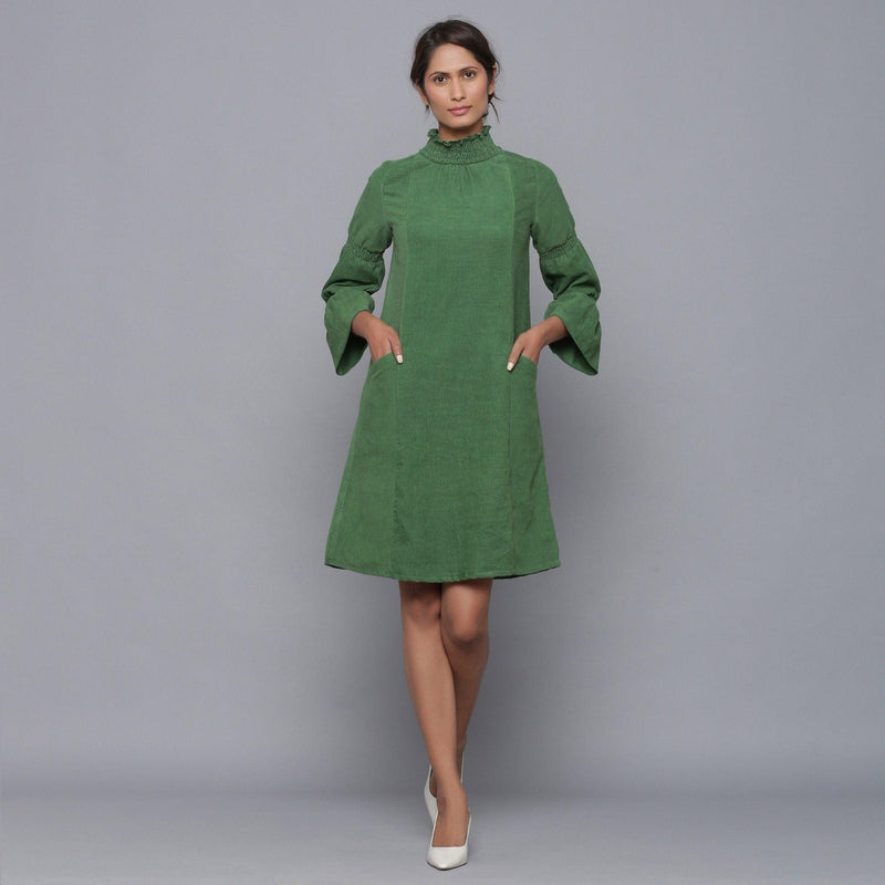 Moss Green Warm Cotton Corduroy High Neck Short Dress 54" / Custom Height (Free) Moss Green Warm Cotton Corduroy High Neck Short Dress 54" / Custom Height (Free)