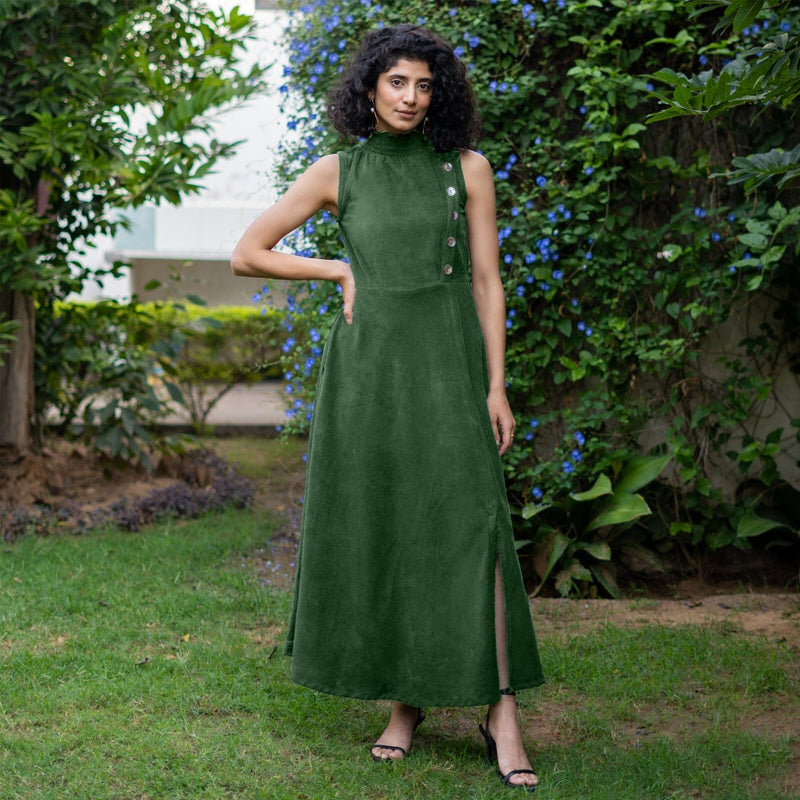 Moss Green Warm Cotton Corduroy High-Neck Sleeveless Slit Dress