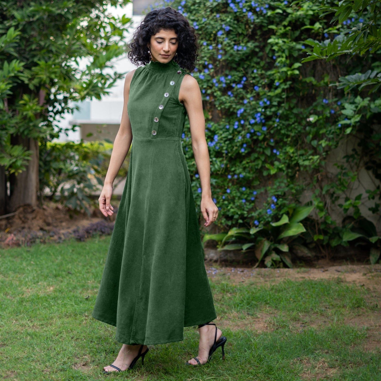green corduroy dress womens Moss Warm Cotton High-Neck Sleeveless Slit 52
