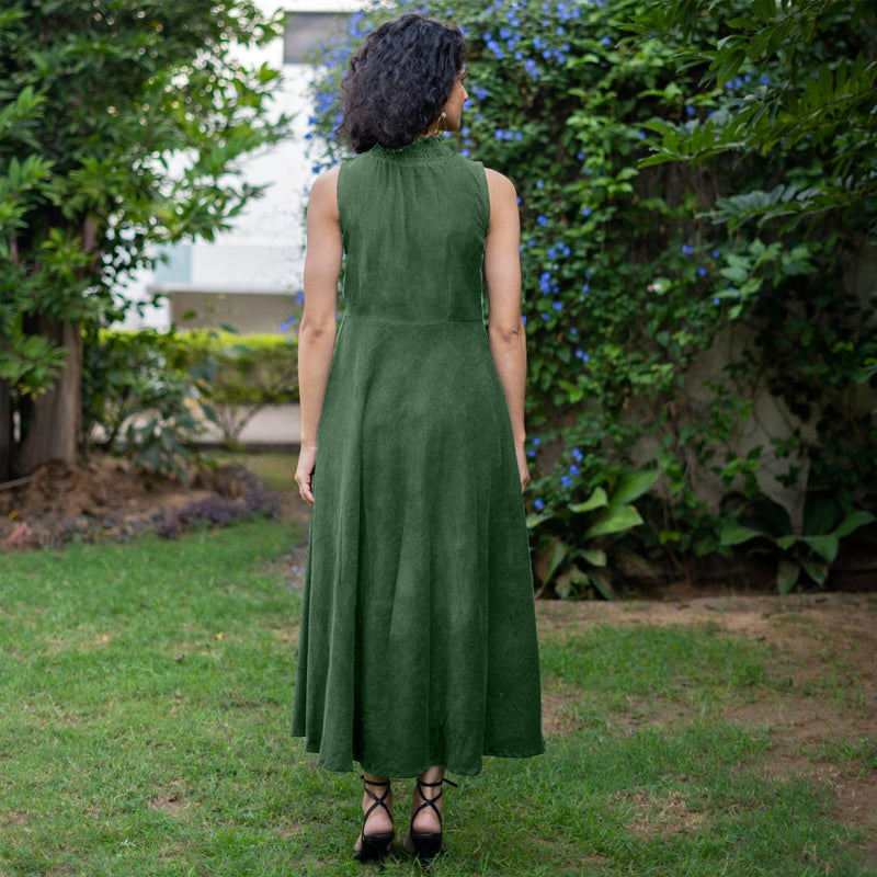 Moss Green Warm Cotton Corduroy High-Neck Sleeveless Slit Dress