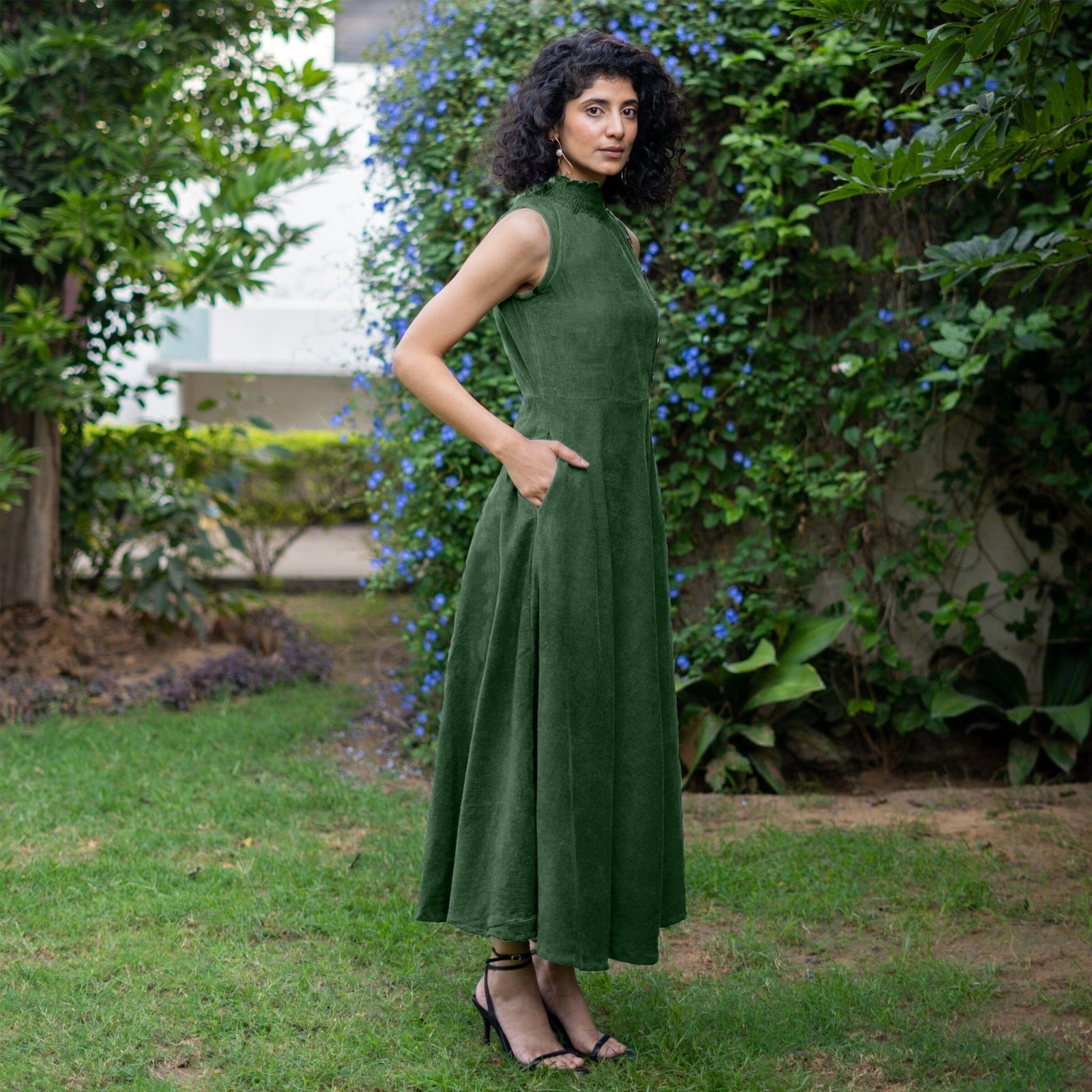 Moss Green Warm Cotton Corduroy High-Neck Sleeveless Slit Dress 36