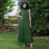 Moss Green Warm Cotton Corduroy High-Neck Sleeveless Slit Dress
